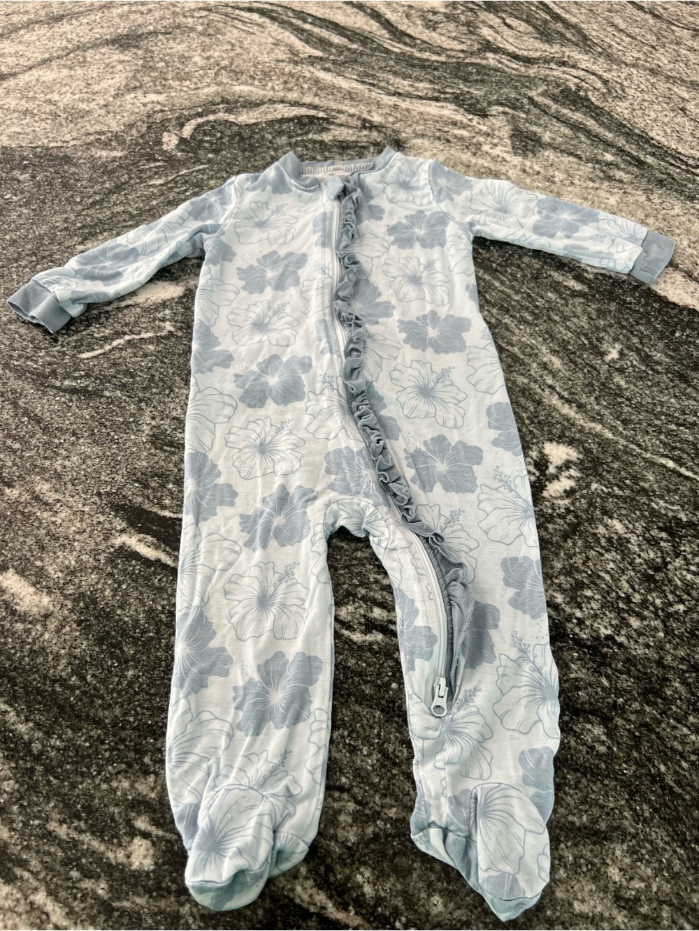 Milkberry Baby Blue Floral Ruffle-Trim Footed One-Piece